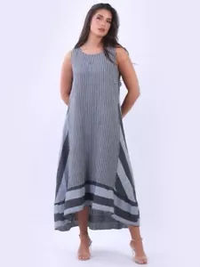 Stripy Print Sleeveless LINEN MAXI LONG Dress Lagenlook Slouchy to fit 14-16 - Picture 1 of 3
