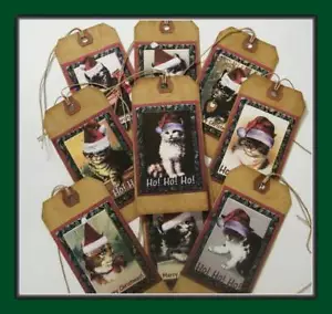 CHRISTMAS CATS IN SANTA HATS - SET OF NINE PRIMITIVE HANG TAGS - Picture 1 of 4