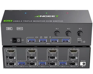 KVM Switch 3 Monitors 3 Computers 8K@60Hz 4K@144Hz, ANGEET HDMI and Displaypo... - Photo 1/9