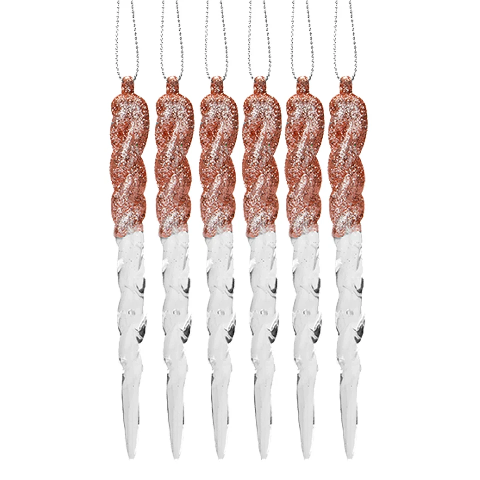Icicle Tree Decoration - Christmas - 6 Pack - 12cm Acrylic & Glitter - Rose Gold - Image 1 of 1