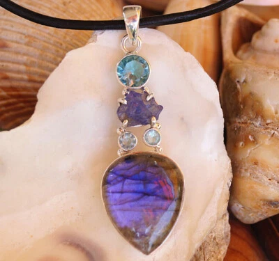 Bauhaus Design Schlicht Groß Ketten-Anhänger 925er Silber Saphir Blau Labradorit - Bild 1 von 4