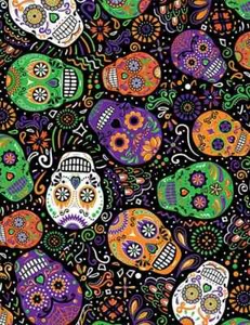 Day of the Dead Mardi Gras Skulls Black Cotton Fabric by the Yard - Picture 1 of 2
