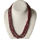 Deep Red Iridescent Faceted Necklace - Knotted Brown Between Beads ~ 66" Long