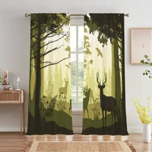 2Pcs Forest Deer Silhouette Window Curtains For Bedroom Living Room Kitchen - Picture 1 of 18