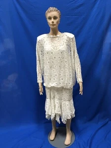 1980s Judith Ann Creations Flapper Dress Beads White Drop Waist Handkerchief Hem - Picture 1 of 7