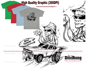 DigiRods Alien ET Space Race Chevy Nova Hot Rod Parking Cartoon Car T Shirt - Picture 1 of 6