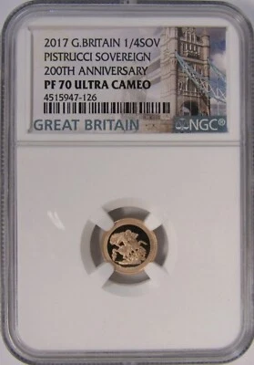 2017 UK Great Britain Gold Proof Pistrucci 1/4 Sovereign Coin • PF70 TOP POP - Image 1 of 4