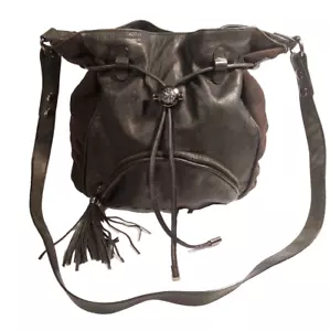Mimco Black Leather Bucket Drawstring Crossbody Shoulder Strap Bag Handbag Auth - Picture 1 of 8