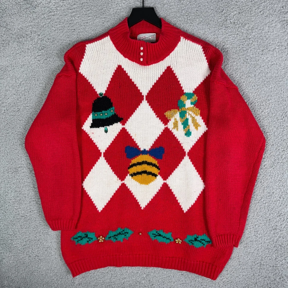 Suéter Tejido Vintage Navidad Años 90 Para Mujer Grande Argyle Campanas Perlas Rojas Sagradas Foto 1 de 4