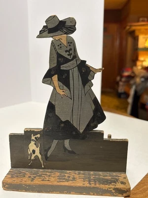 Antique Sewing wooden thread spool holder glamour girl with dog figurine - Image 1 of 4