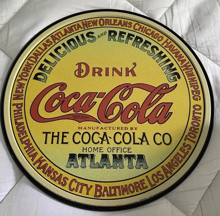Coca Cola Sign Tin Metal Soda Pop Bottle Advertising Round Keg Label - Image 1 of 1
