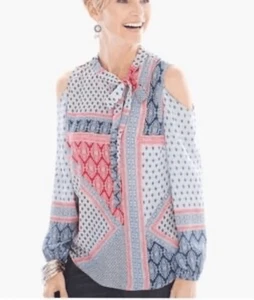 Gr. 1 rot weiß blau Patchwork Print Cold Shoulder Neck Tie Bluse von CHICO'S N - Bild 1 von 4