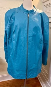 ~ JESSICA LONDON Blue Zip Front Lined Leather Motorcycle Jacket Ladies Size 22 - Picture 1 of 9