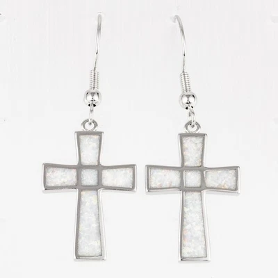 Latin Cross White Fire Opal Silver Jewelry Dangle Drop Earrings - Image 1 of 4