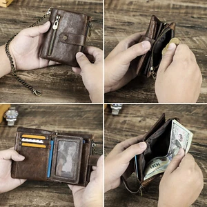 Contacts Men's RFID Oil Leather Wallet Photo Coin 7 Card Holder Anti-Theft Chain - Picture 1 of 10