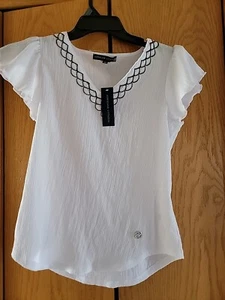 ADRIENNE VITTADINI Womens Gauze Shirt Top Blouse White V Neck Small NWT - Picture 1 of 3