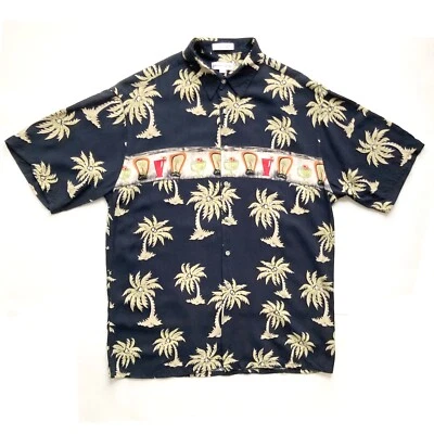Pierre Cardin Hawaiian Aloha Shirt sz L Black Cocktail Tiki Drinks Palm Trees - Image 1 of 4