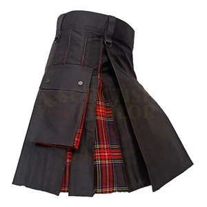 Falda falda escocesa utilitaria hecha a mano para hombre negra con falda escocesa híbrida Stewart tartan negra - Imagen 1 de 7