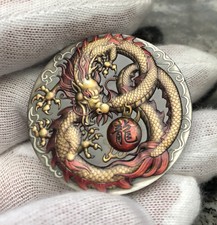 2020 TUVALU DRAGON 2 OZ SILVER HIGH RELIEF ANTIQUED COLORED COIN