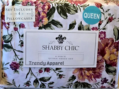 Juego de sábanas Shabby Chic, Rachel Ashwell, verde, púrpura, rosa, floral Queen, 6 piezas Foto 1 de 4