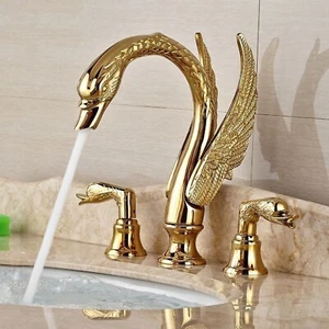 Gold Swan Bathroom Sink Faucet 3 Holes Widespread Dual Handle Basin Mixer Faucet - Picture 1 of 12