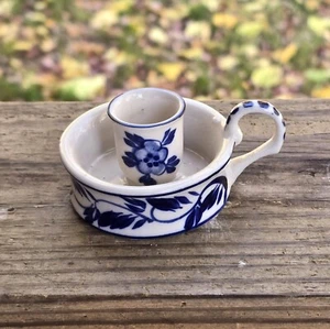 Delft Blue Candle Stick Holder W Floral Pattern. It Measures 2-3/4"W x 1-5/8"H - Picture 1 of 6
