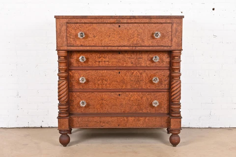 Antique American Empire Burled Mahogany Chest of Drawers, Circa 1820s Cover