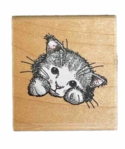 Peeking Kitty Katze entzückend niedlich Pose Gesicht Porträt Tier Haustier Holz Stempel - Bild 1 von 4