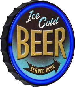 Ice Cold Beer LED Neon Bottle Cap Sign Vintage Inspired Retro Wall Decor for the - Picture 1 of 8
