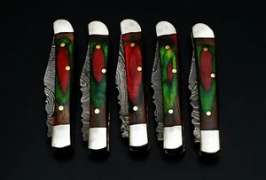 SHARDBLADE Handmade Damascus Folding Mini Trapper Pocket Knife Lot Of 5 W/Sheath - Picture 1 of 5