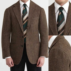 Men Brown Suit Herringbone Jacket Single Breasted Notch Lapel Tweed Tuxedo - Picture 1 of 14