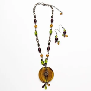 Ensemble collier et boucles d'oreilles pendantes perles en verre ambre art Jennifer Lee Y2K - Photo 1/11