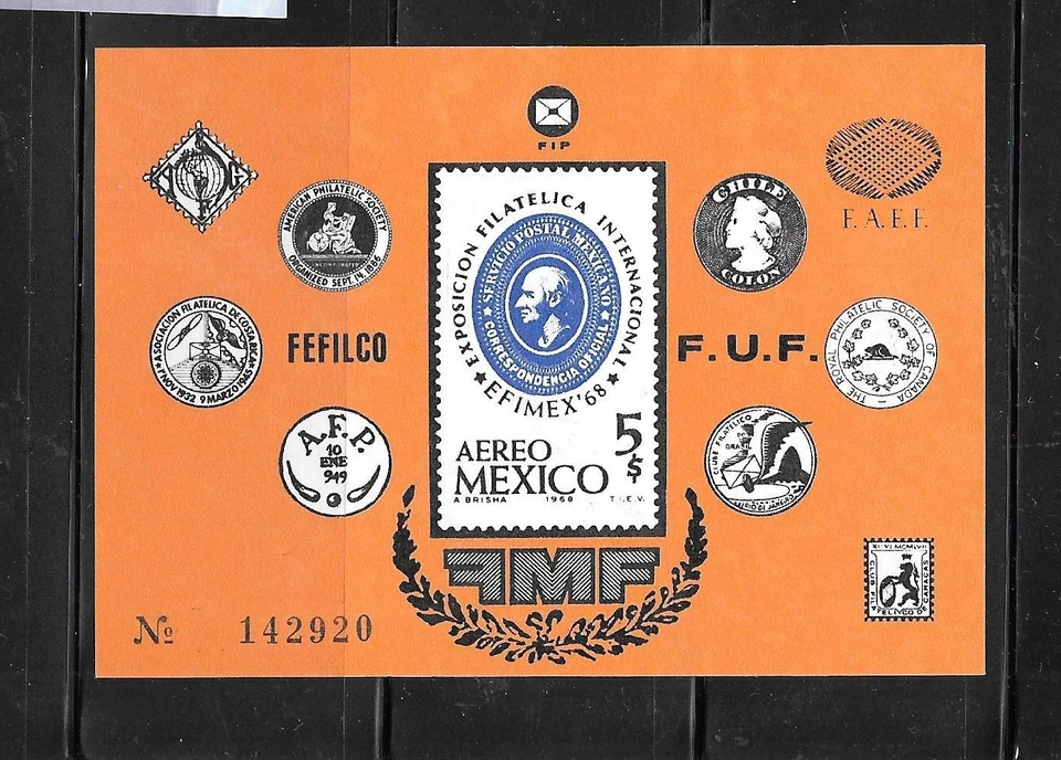 MEXICO SXC#C345 1968 FEFILCO EX MNH XF СТАРЫЙ ВИНТАЖНЫЙ ИМПЕРСКИЙ СУВЕНИРНЫЙ ЛИСТ - Изображение 1 из 1