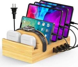 Bamboo Charging Station for Multiple Devices, Wood Desktop Docking Station 7-... - Picture 1 of 7