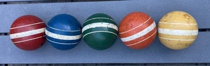 Vintage painted wood 5 croquet balls 3 stripes red blue green orange yellow - Picture 1 of 11