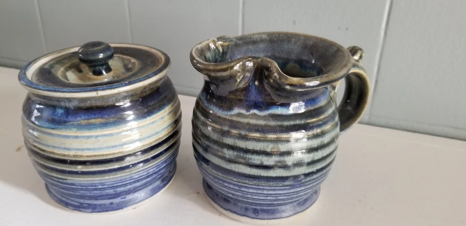 Juego Crema y Azúcar, Cerámica Hecha a Mano, Colores Azul a Gris, Excelente Estado Foto 1 de 1