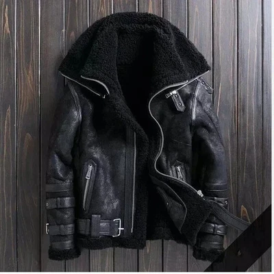 Men's B3 RAF Flight Bomber Aviator Real Sheepskin Leather Jacket Shearling Black - Image 1 of 3