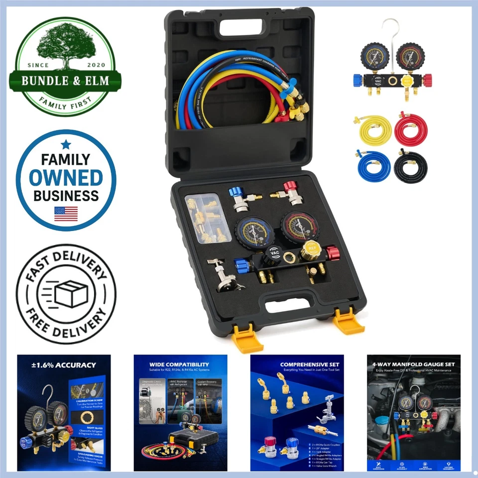 4路暖通空调交流仪表套装R410a R22 R134a带软管适配器可龙头 — 第 1/4 张图片