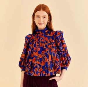 Farm Rio Mushroom Motif Sketch Button Ruffle Puff Sleeve Blouse Top Size Small - Picture 1 of 15