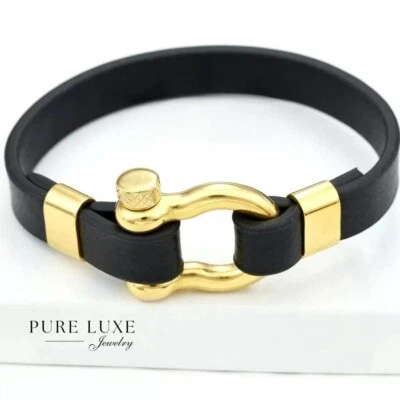 Hombre 8" Acero Inoxidable,Herradura.Pulsera Cuero Negro*Caja Chapada en Oro Foto 1 de 3