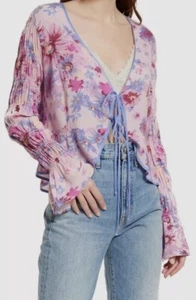 Free People Women's Pink V-Neck Venice Floral Tie Front Blouse Top Size S $98 - Picture 1 of 7