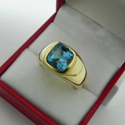 Piedra preciosa de topacio azul natural con anillo de plata enchapado en oro de 14K para hombre #605 Foto 1 de 4