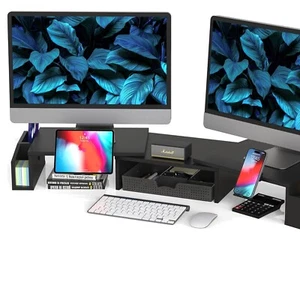 Compact Dual Monitor Riser with Customizable Drawer and Modern Aesthetics - Picture 1 of 7