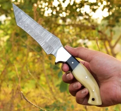 10” Damascus Knife Hunting Knive Fixed Tanto Blade Tactical Skinning Outdoor - Image 1 of 4