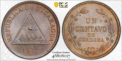 1912-H Nicaragua 1 Centavo PCGS MS63BN Lot#G4871 Choice UNC! Cover