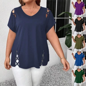 Plus Size V-Neck Solid Hollow Short Sleeve Pullover Tops Casual Loose T-shirt - Picture 1 of 24
