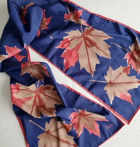 Vintage Vera Neumann Scarf Maple Leaves in Tan Salmon Mauve on Blue 46" x 10" - Picture 1 of 6
