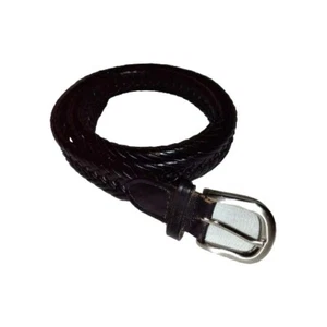 BLACK LEATHER BRAIDED BELT SILVEE TON METAL BUCKLE SIZE 44 - Picture 1 of 8
