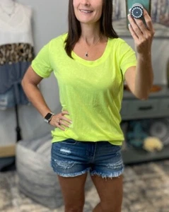 Very Sexy Loose Floaty Scoop Neck Boyfriend Tee Shirt Melange Neon Yellow S/M/L - Picture 1 of 8