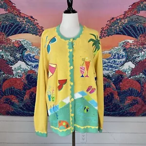 VTG Quacker Factory Yellow Cardigan Sweater Summer Beach Pool Embellished Sz L - Picture 1 of 17